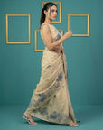 Chickoo Soft Muga Cotton Saree with Resham Weaving Butties & Floral Pencil Art Pallu