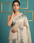 White Soft Muga Cotton Saree with Resham Weaving Butties & Floral Pencil Art Pallu