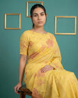 Yellow Soft Muga Cotton Saree with Resham Weaving Butties & Floral Pencil Art Pallu
