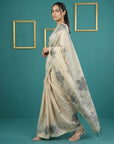White Soft Muga Cotton Saree with Resham Weaving Butties & Floral Pencil Art Pallu