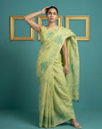 Green Soft Muga Cotton Saree with Resham Weaving Butties & Floral Pencil Art Pallu