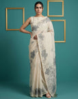 White Soft Muga Cotton Saree with Resham Weaving Butties & Floral Pencil Art Pallu