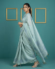 Sky Blue Soft Muga Cotton Saree with Resham Weaving Butties & Floral Pencil Art Pallu