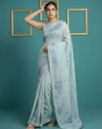 Sky Blue Soft Muga Cotton Saree with Resham Weaving Butties & Floral Pencil Art Pallu