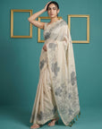 White Soft Muga Cotton Saree with Resham Weaving Butties & Floral Pencil Art Pallu