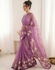 Pink Pure Oris Silk Saree with Embroidered Lotus Buttis & Applique Border