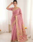 Pink Premium Soft Muga Cotton Saree with Paithani Swan Meenakari Pallu