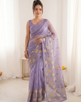 Lavender Pure Oris Silk Saree with Embroidered Lotus Buttis & Applique Border