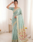 Sky Premium Soft Muga Cotton Saree with Paithani Swan Meenakari Pallu