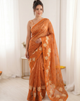 Orange Pure Oris Silk Saree with Embroidered Lotus Buttis & Applique Border
