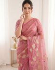 Coral Pure Oris Silk Saree with Embroidered Lotus Buttis & Applique Border
