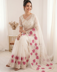 White Pure Oris Silk Saree with Embroidered Lotus Buttis & Applique Border