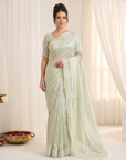 Pista Pure Raspberry Crush Silk Saree with Lucknowi Embroidery