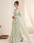 Pista Pure Raspberry Crush Silk Saree with Lucknowi Embroidery