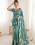 Denim Pure Oris Silk Saree with Embroidered Lotus Buttis & Applique Border