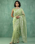 Pure Chanda Silk Floral Embroidered Saree with Schiffli Resham Zari Work And Cutwork Border