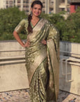 Green Banarasi Jaal Satin Silk Pink Zari Woven Saree
