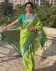 Parrot Green Banarasi Contrast Jaal Soft Silk Zari Woven Saree