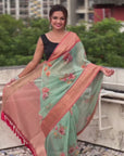 Sky Blue Tissue Crush Silk Floral Printed Saree with Zari Woven Border