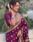 Wine Pashmina Kashmiri Silk Zari Woven Saree