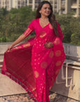 Pink Soft Silk Dual Zari Woven Saree with Peacock Border