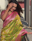 Mehendi Green Banarasi Contrast Jaal Soft Silk Zari Woven Saree
