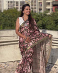 Bottle Green Tussar Silk Printed Saree with Zari Woven Border