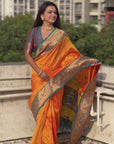 Orange Zari Woven Tiny Nath Meenakari Contrast Yeola Paithani Silk Saree