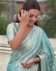 Sky Blue Kanjivaram Soft Tissue Silk Leheriya Traditional Zari Woven Saree
