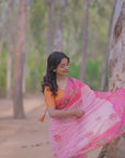 Dory in our Baby Pink Chanderi Cotton Pichwai Printed Saree with Zari Woven Border