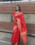 Orange Banarasi Jaal Soft Silk Zari Woven Saree
