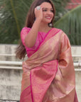 Peach Kanjivaram Soft Tissue Silk Leheriya Traditional Zari Woven Saree