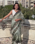 Pista Chanderi Crush Silk Floral Printed Saree with Zari Woven Jacquard Panel Border