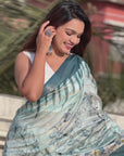 Sky Chanderi Crush Silk Floral Printed Saree with Zari Woven Jacquard Panel Border
