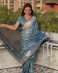 Butterfly Blue Banarasi Jaal Satin Silk Pink Zari Woven Saree