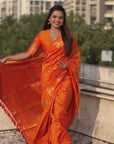 Orange Soft Silk Dual Zari Woven Saree with Deer Border