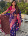 Violet Banarasi Contrast Jaal Soft Silk Zari Woven Saree