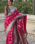 Pink Banarasi Contrast Jaal Soft Silk Zari Woven Saree