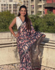 Dark Blue Tussar Silk Printed Saree with Zari Woven Border