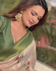 Cream with Green Organza Silk Floral Kalamkari Fusion Printed Saree with Zari Woven Contrast Border
