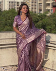 Lavender Banarasi Jaal Satin Silk Pink Zari Woven Saree