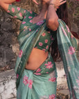 Monika in our Sea Green Chanderi Cotton Pichwai Printed Saree with Zari Woven Border