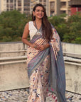 Sky Tussar Silk Kalamkari Printed Saree with Zari Woven Border
