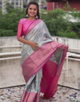 Grey Kanjivaram Soft Tissue Silk Leheriya Traditional Zari Woven Saree