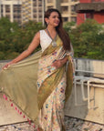 Mehendi Green Tussar Silk Kalamkari Printed Saree with Zari Woven Border