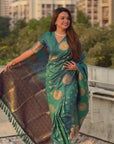 Green Soft Silk Dual Zari Woven Saree with Peacock Border