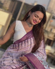 Lavender Chanderi Crush Silk Floral Printed Saree with Zari Woven Jacquard Panel Border