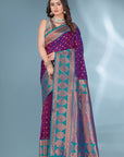 Purple Polka Paithani Silk Contrast Zari Woven Saree with Unstitched Blouse