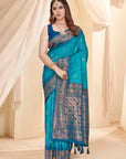 Cyan Blue Soft Silk Floral Border Contrast Zari Woven Saree