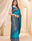 Cyan Blue Soft Silk Floral Border Contrast Zari Woven Saree